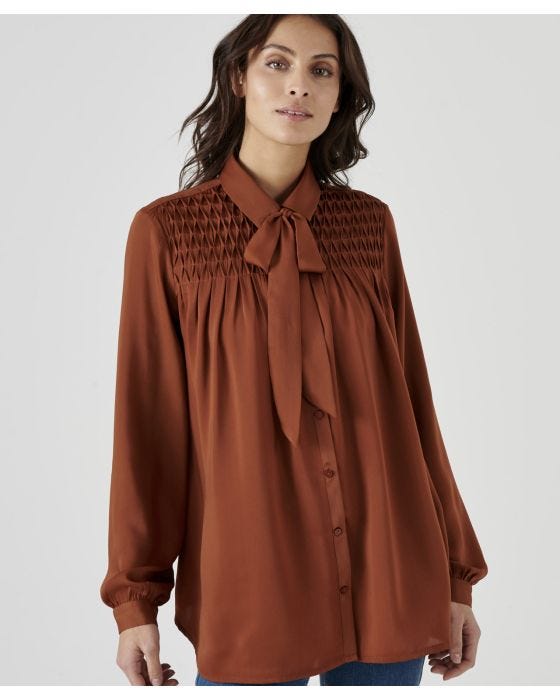 Damart Smock Detail Tie Neck Blouse