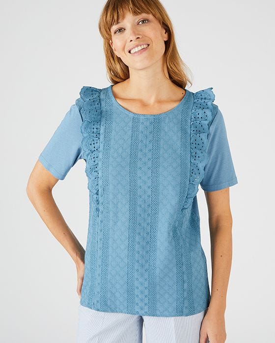 Damart Soft Cotton Blend Broderie Frill T-Shirt