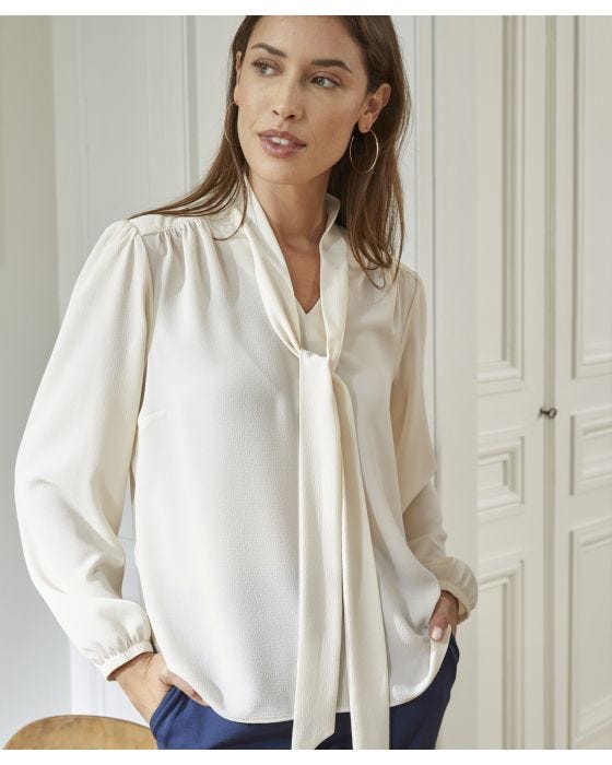 Damart Tie Neck Balloon Sleeve Blouse