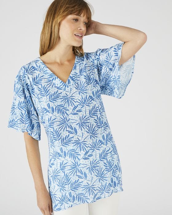 Damart V-neck Fluted Sleeved Crinkle Blouse