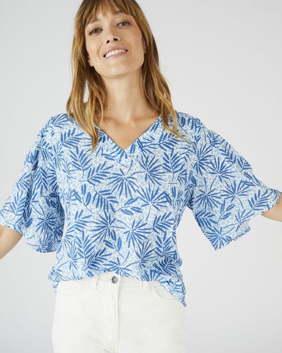 Damart V-neck Fluted Sleeved Crinkle Blouse