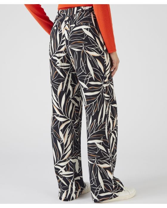 Damart Wide-leg Black Leaf Print Trousers