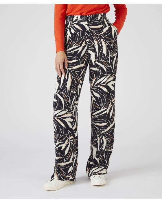 damart Wide-leg Black Leaf Print Trousers