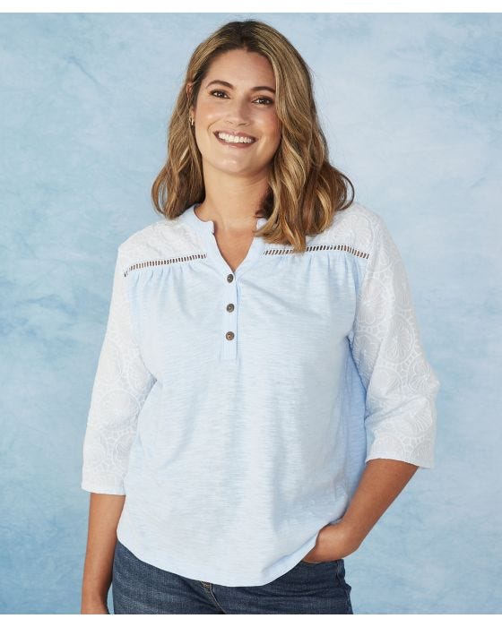 Damart First Avenue - Broderie Sleeve Notch Neck Button Placket Top