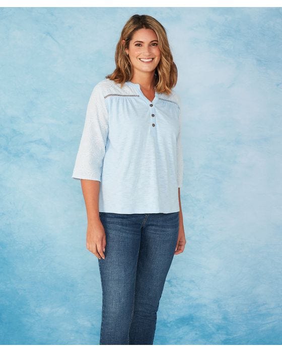 damart First Avenue - Broderie Sleeve Notch Neck Button Placket Top