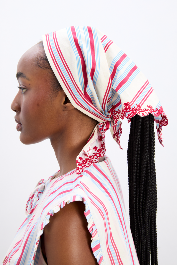 damson madder amaya headscarf in cherry business stripe