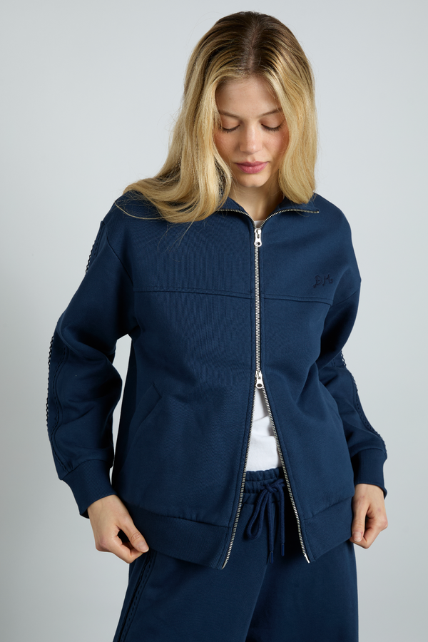 Damson Madder Andie Zip Sweat With Crochet Stripe - Navy