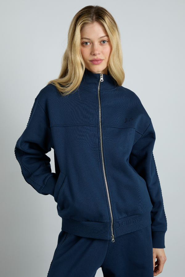 damson madder andie zip sweat with crochet stripe - navy