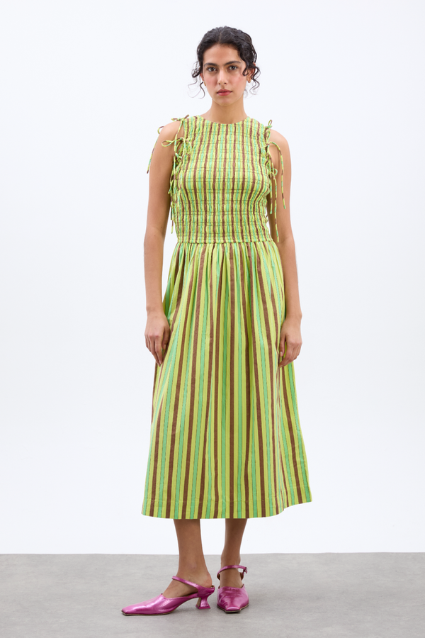 Damson Madder Becca Midi Dress - Tropical Business Stripe