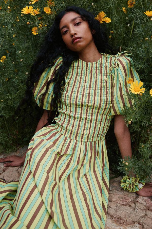 Damson Madder Becca Midi Dress - Tropical Business Stripe