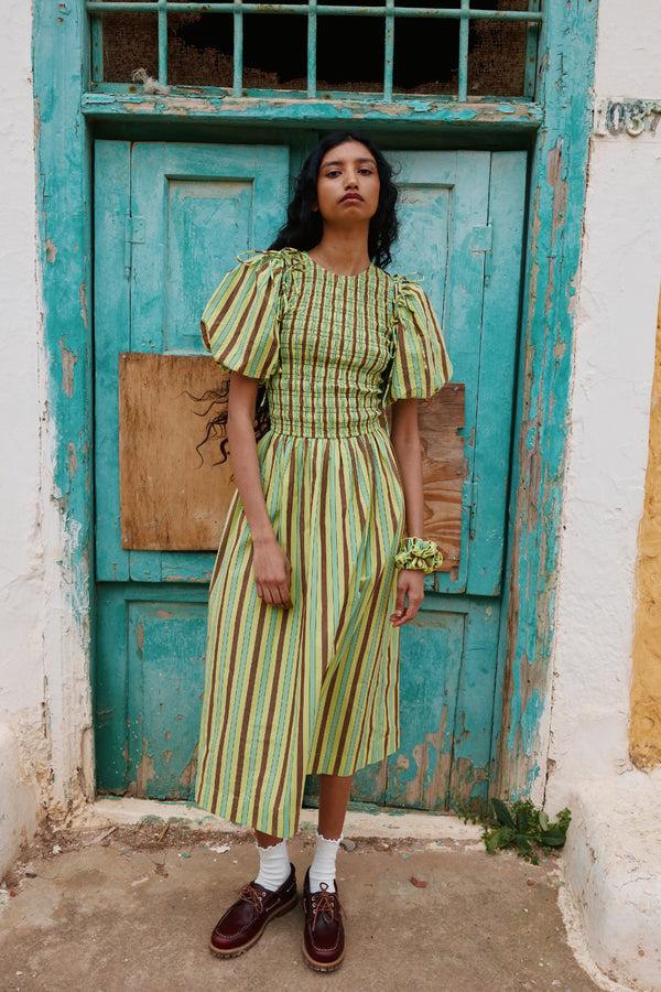 damson madder becca midi dress - tropical business stripe