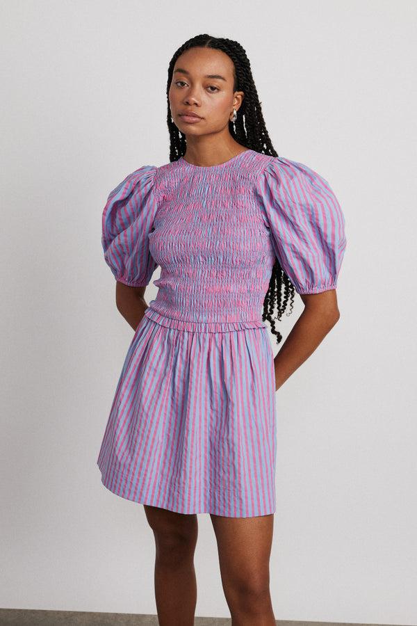 Damson Madder Bluebelle Shirred Mini Dress - Pink & Blue Stripe