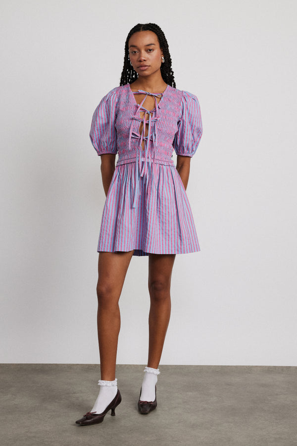 Damson Madder Bluebelle Shirred Mini Dress - Pink & Blue Stripe