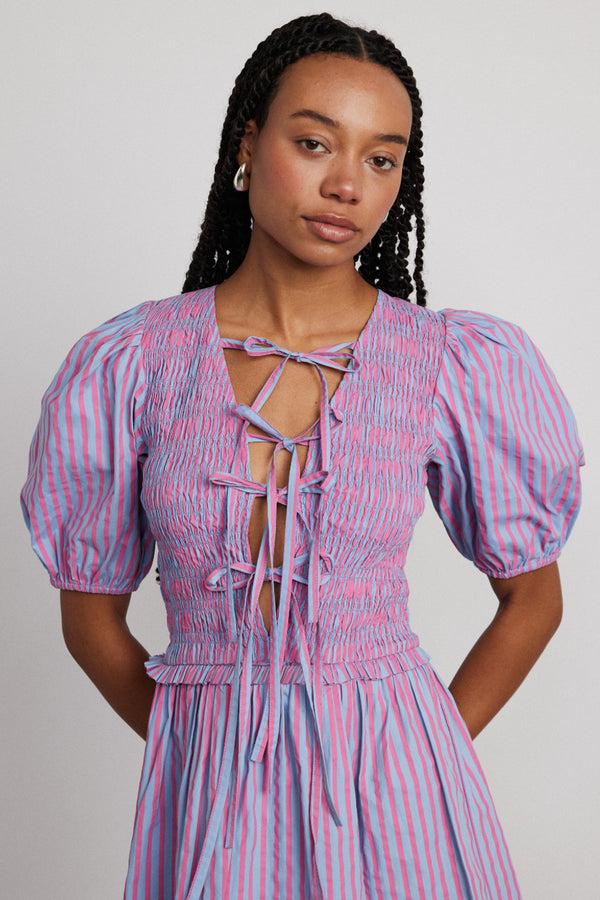 Damson Madder Bluebelle Shirred Mini Dress - Pink & Blue Stripe