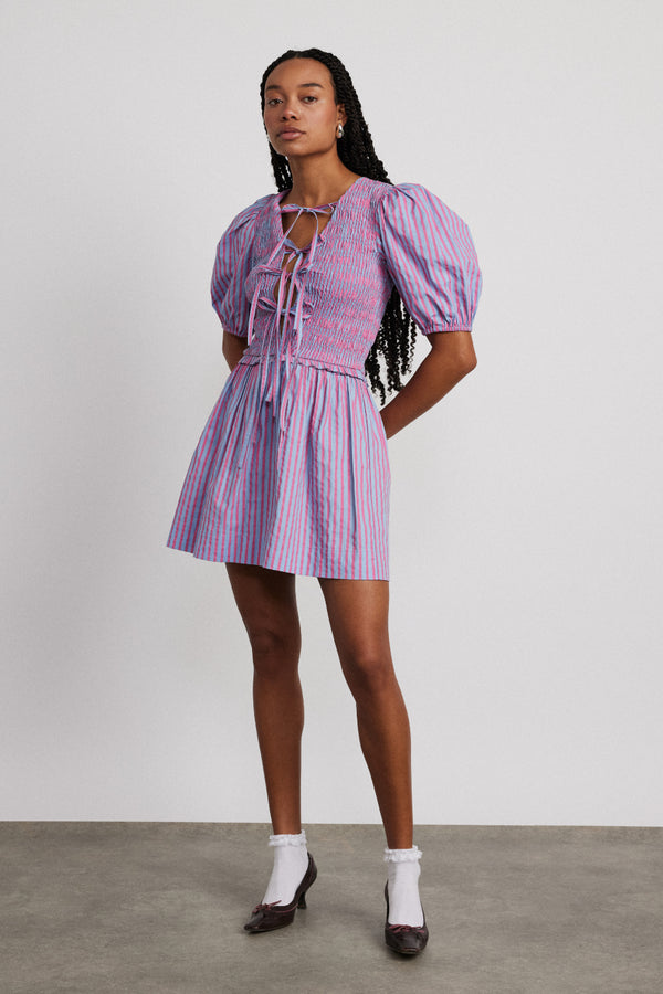 damson madder bluebelle shirred mini dress - pink & blue stripe