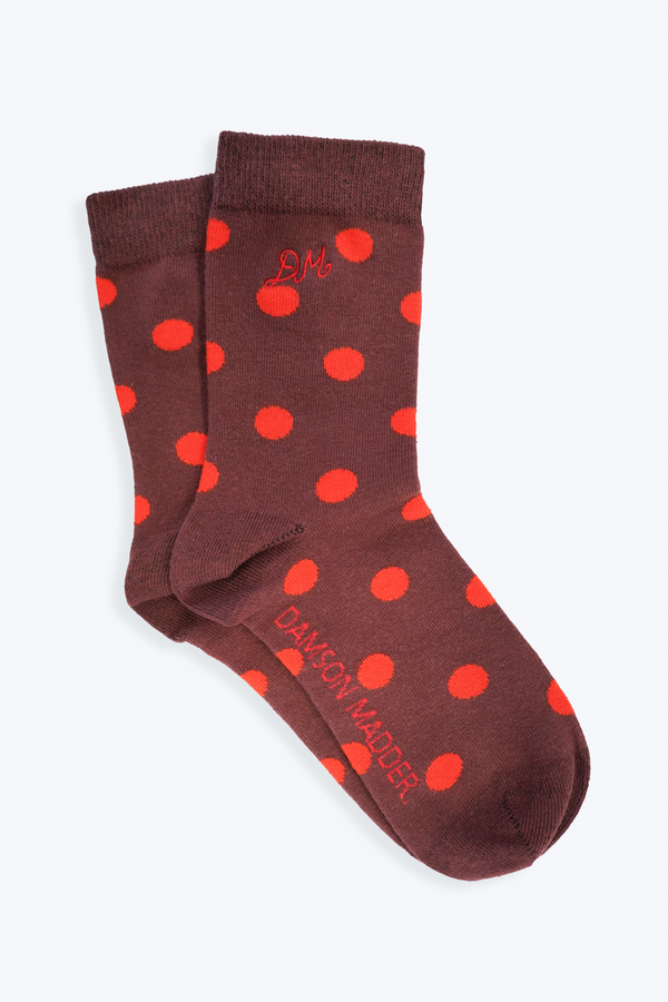 damson madder calf length socks in burg & red polka dot