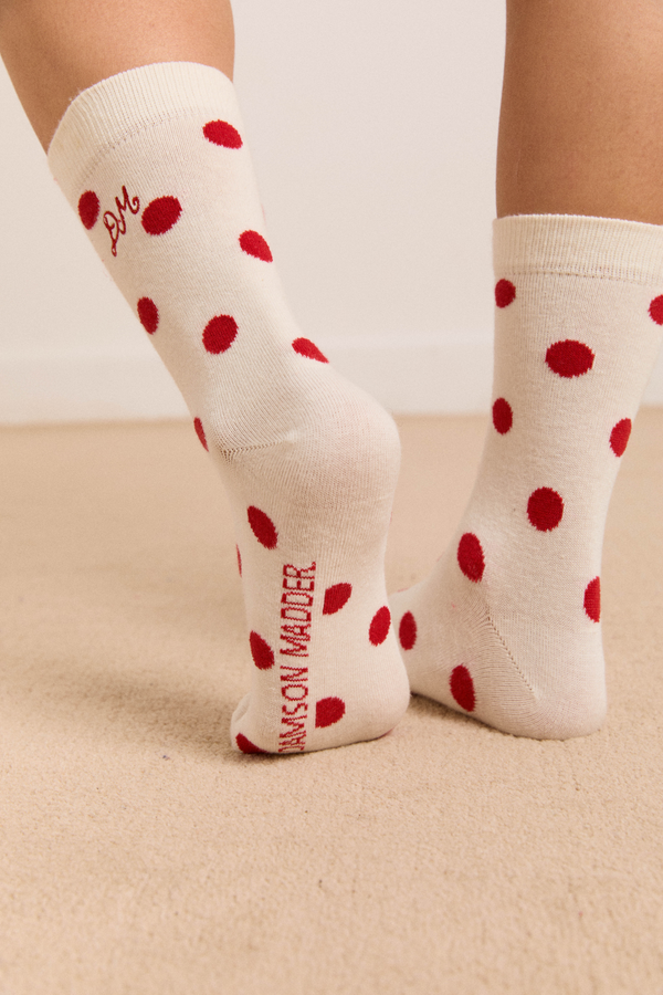 Damson Madder Calf Length Socks In White & Red Polka Dot