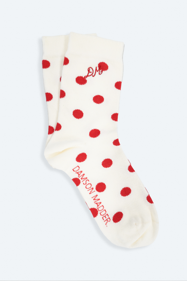 damson madder calf length socks in white & red polka dot