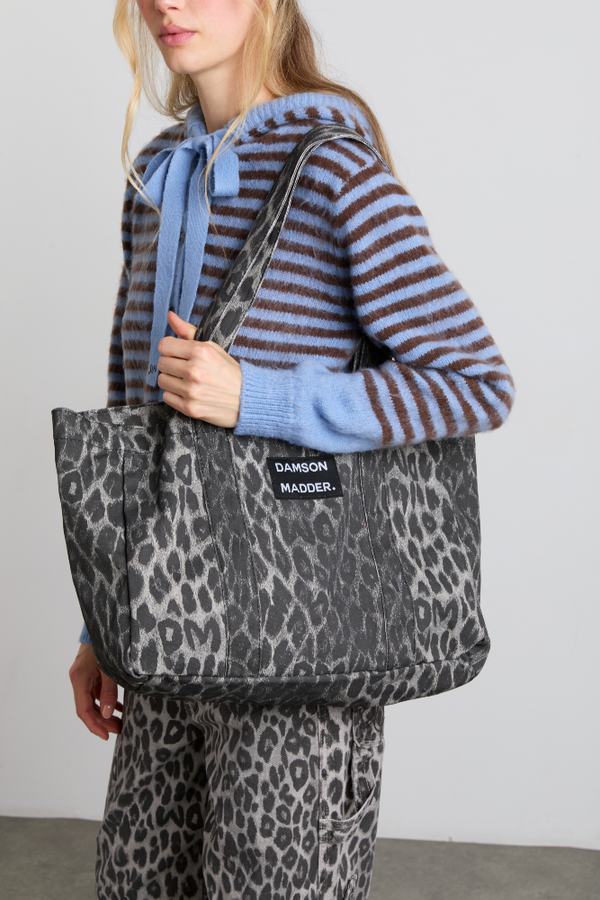 Damson Madder Canvas Tote Bag In Grey Leopard Print