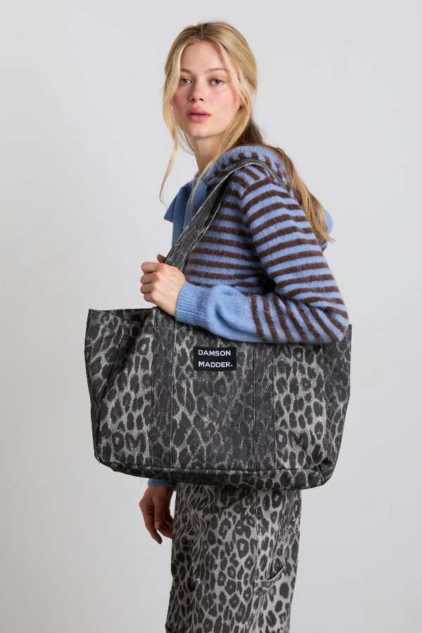 damson madder canvas tote bag in grey leopard print