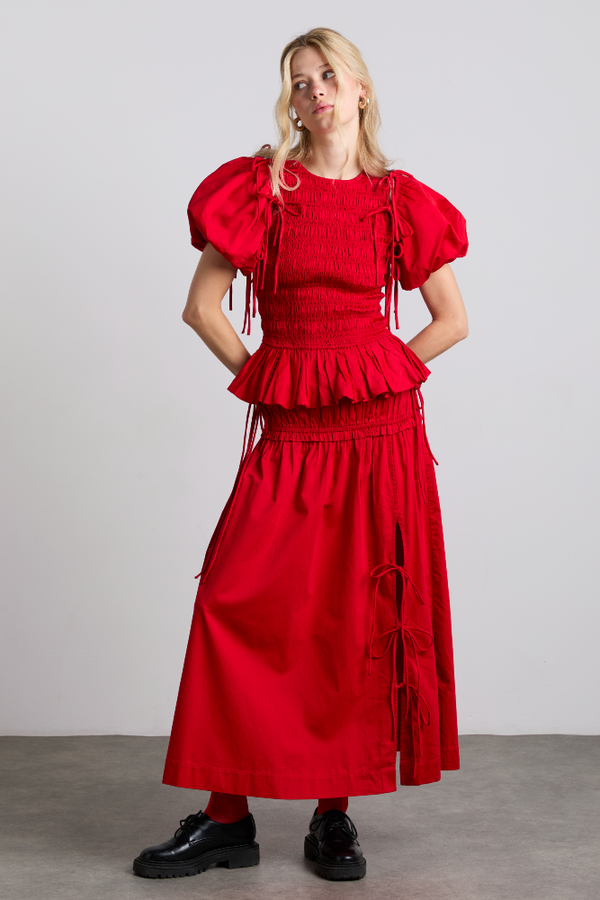 damson madder charlotte cotton satin midi skirt - cherry