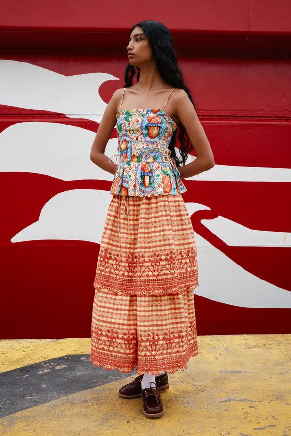 Damson Madder Cosette Rara Midi Skirt - Orange Gingham