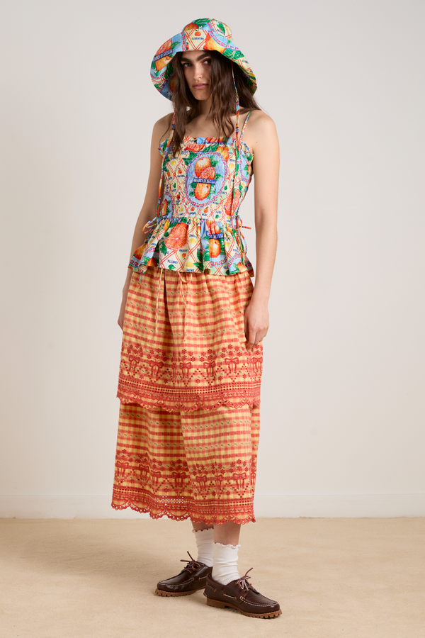 Damson Madder Cosette Rara Midi Skirt - Orange Gingham