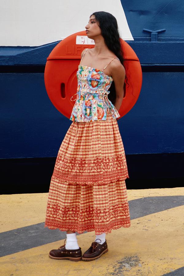 Damson Madder Cosette Rara Midi Skirt - Orange Gingham