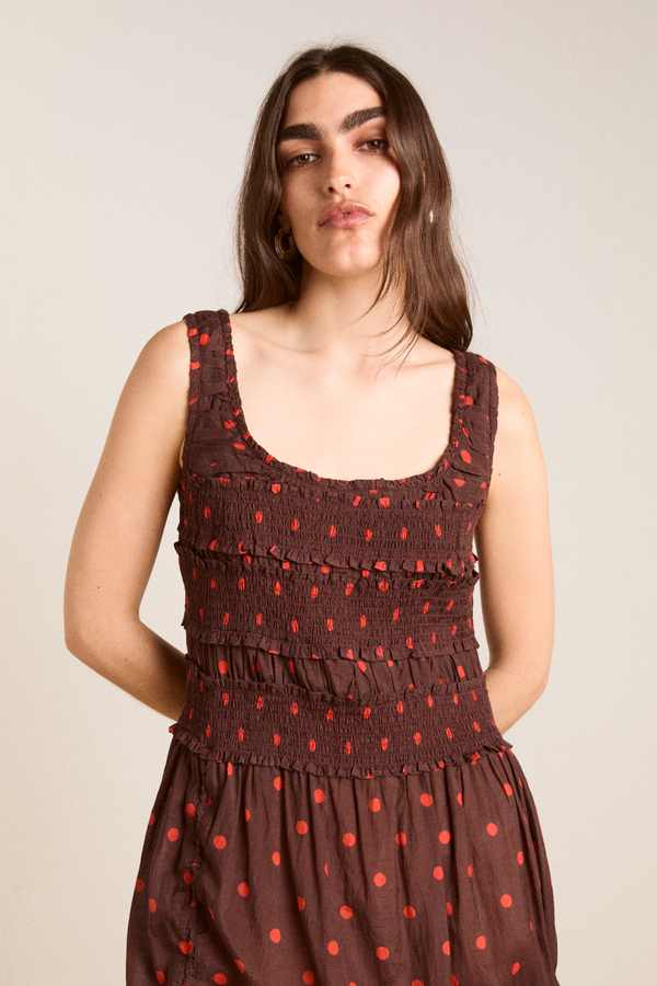 Damson Madder Cynthia Sheer Midi Dress - Burgundy Spot