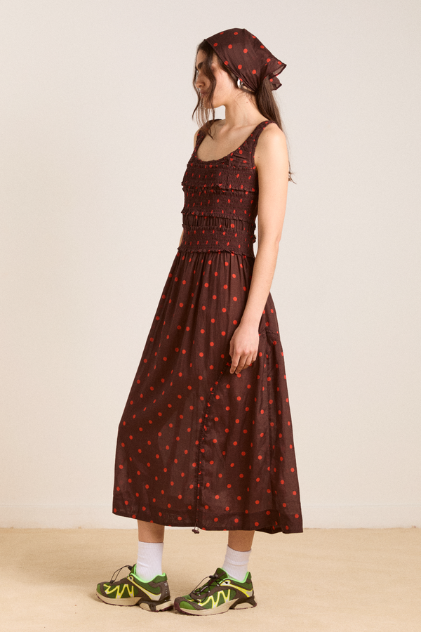 Damson Madder Cynthia Sheer Midi Dress - Burgundy Spot