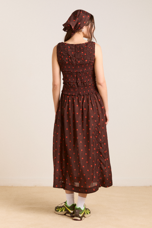 Damson Madder Cynthia Sheer Midi Dress - Burgundy Spot