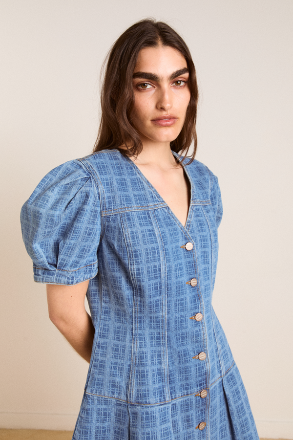 Damson Madder Adeline Denim Mini Dress - Laser Check