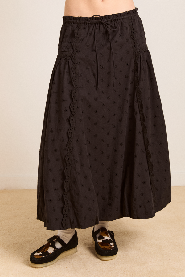 Damson Madder Agatha Embroidered Midi Skirt - Black