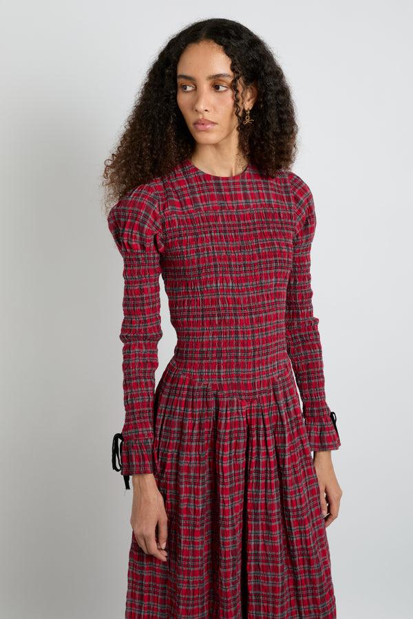 Damson Madder Alice Shirred Midi Dress- Red Check