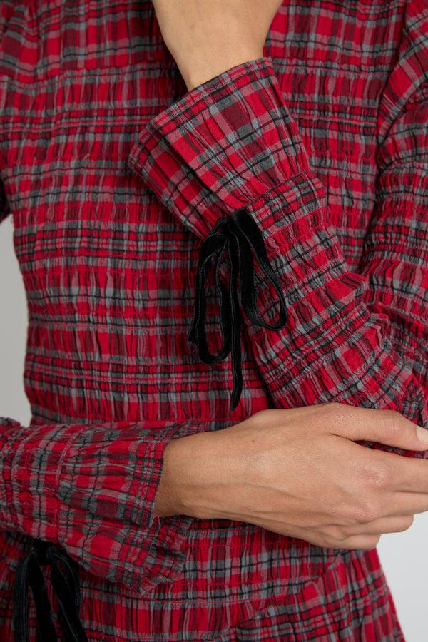 Damson Madder Alice Shirred Midi Dress- Red Check