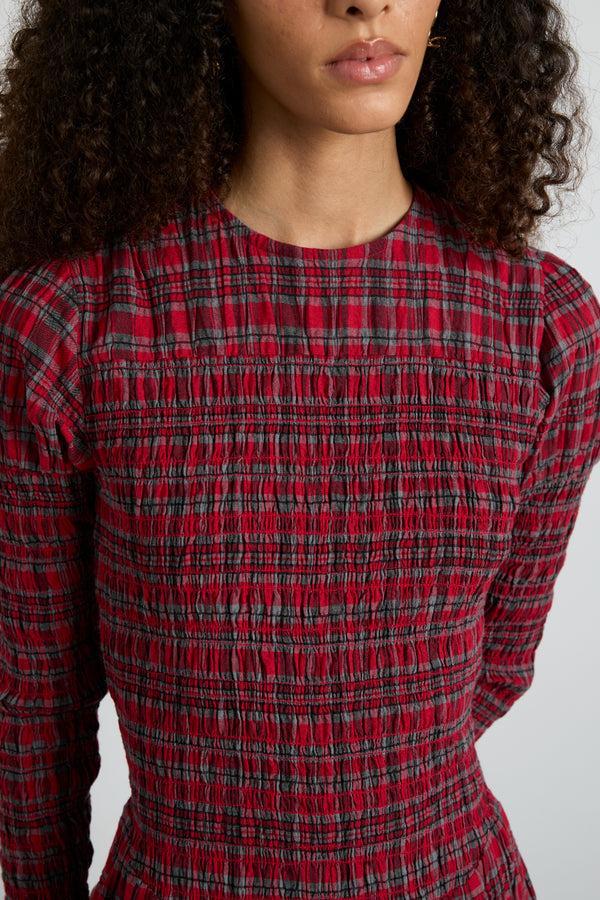Damson Madder Alice Shirred Midi Dress- Red Check