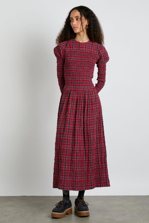 damson madder alice shirred midi dress- red check