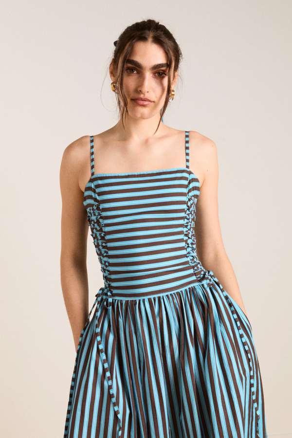 Damson Madder Angelina Midi Dress - Blue/choc Stripe