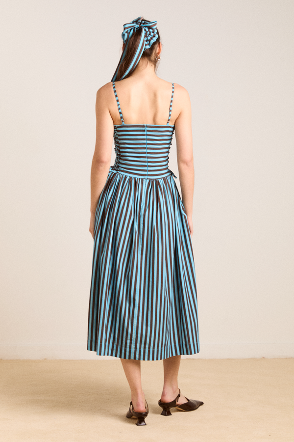 Damson Madder Angelina Midi Dress - Blue/choc Stripe