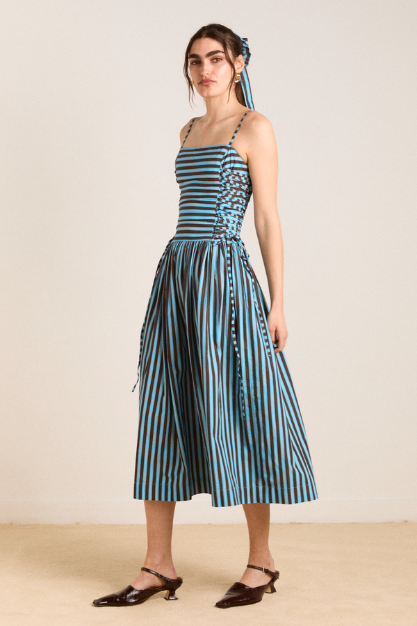 Damson Madder Angelina Midi Dress - Blue/choc Stripe