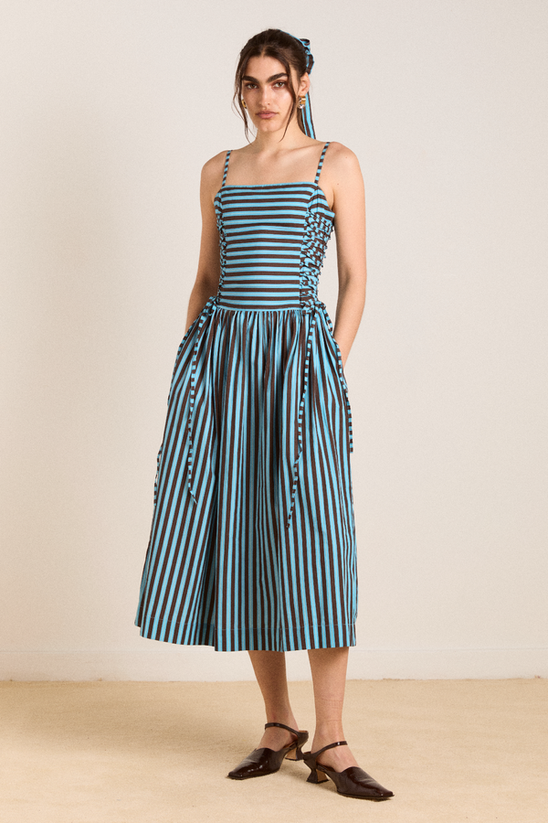 damson madder angelina midi dress - blue/choc stripe