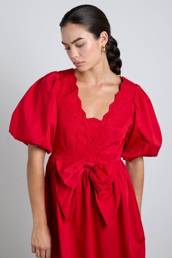 Damson Madder Aria Bow Embroidered Midi Dress - Red