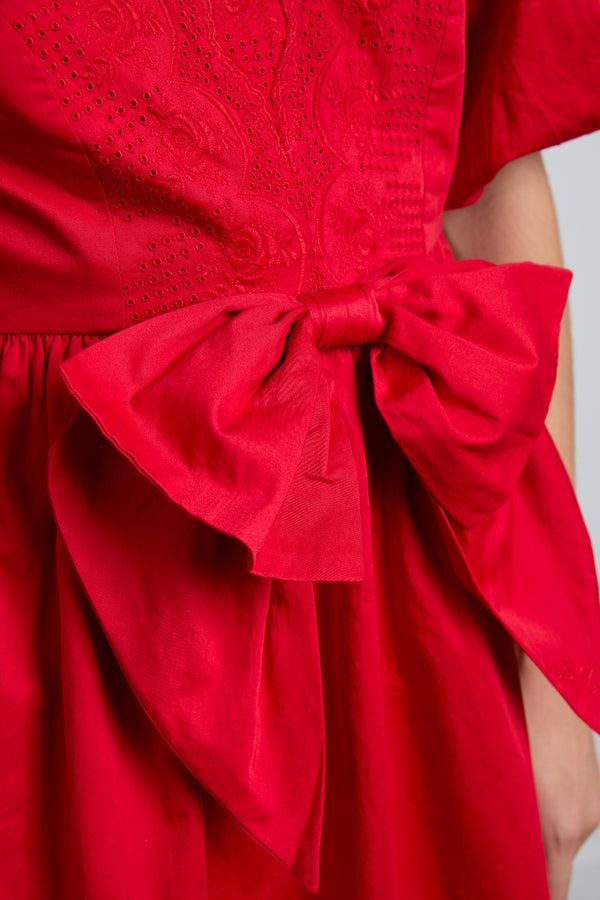 Damson Madder Aria Bow Embroidered Midi Dress - Red