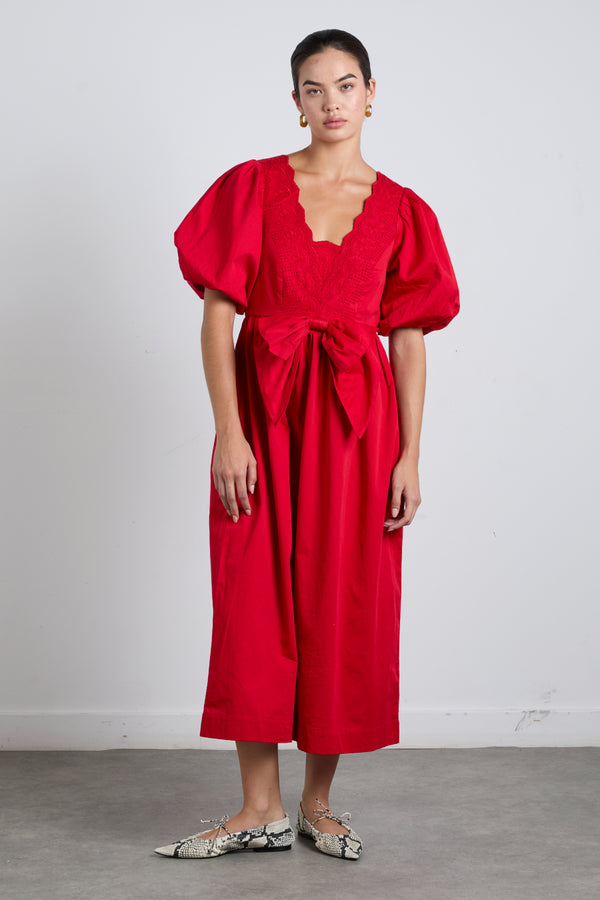 Damson Madder Aria Bow Embroidered Midi Dress - Red