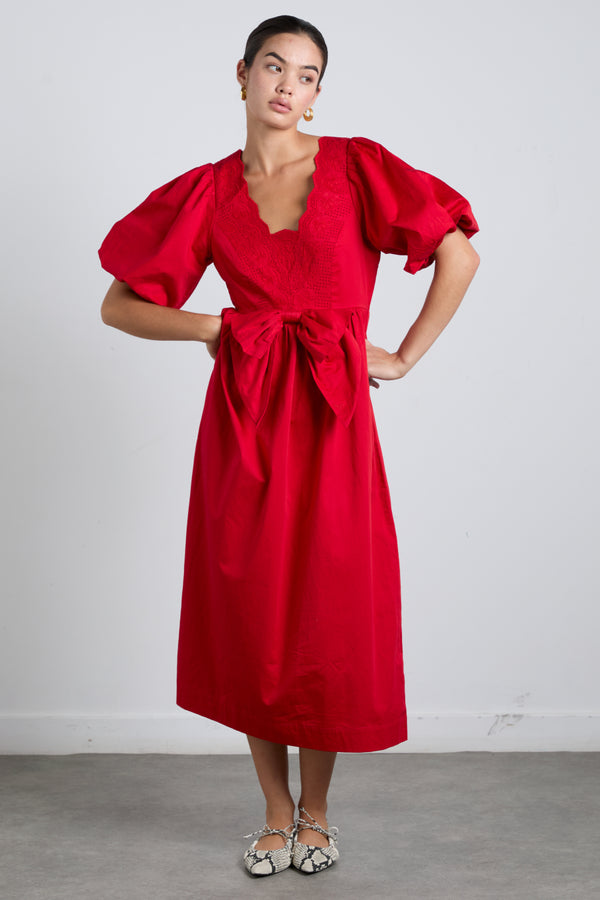 damson madder aria bow embroidered midi dress - red