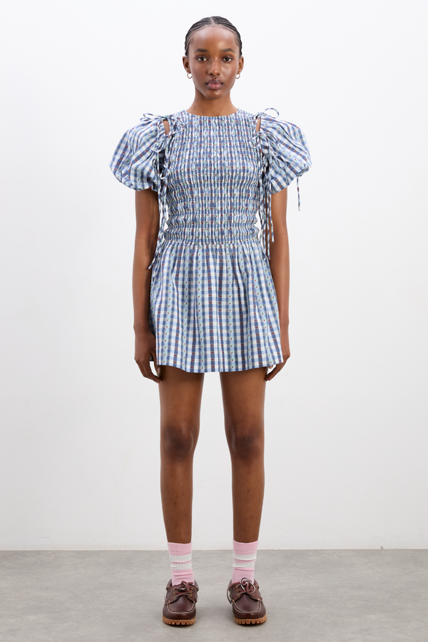 damson madder becca mini dress - blue margot gingham