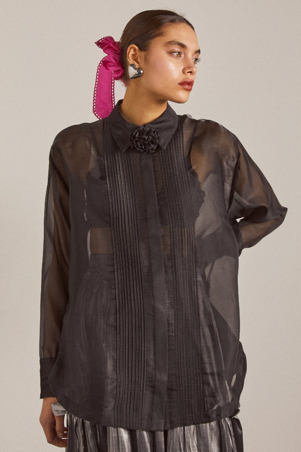 damson madder bel pin tuck shirt - black sheer