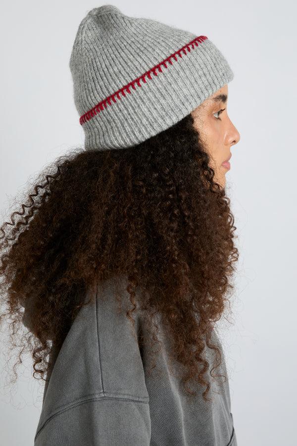 Damson Madder Blanket Stitch Beanie- Grey