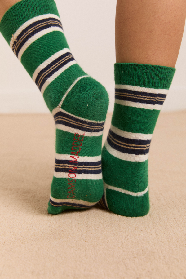 Damson Madder Calf Length Sock In Green Stripe