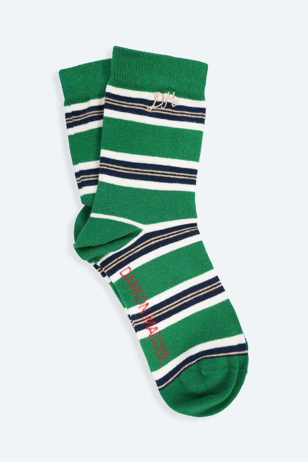 damson madder calf length sock in green stripe